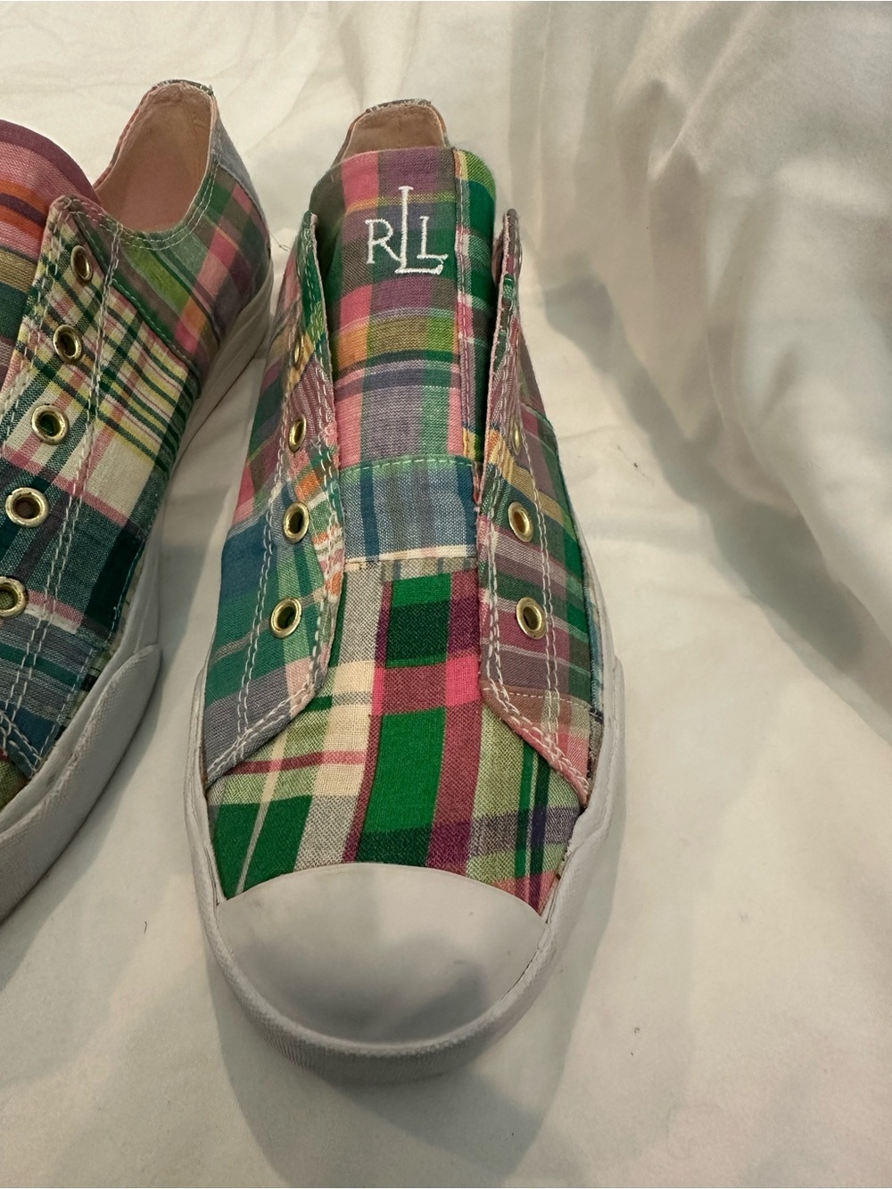 Ralph Lauren Plaid Slip-On Sneakers - Pink Green Blue Cream - Picture 4 of 10